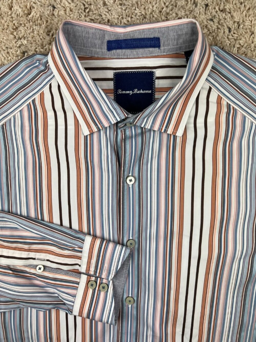 Tommy Bahama Men's Large Button Up Long Sleeve Multi Striped Shirt Orange Ivory